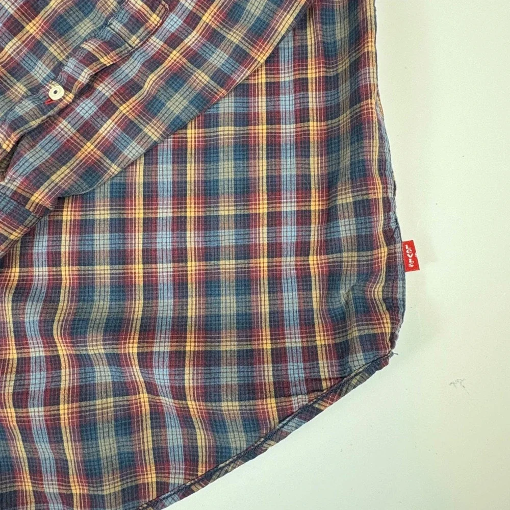Levis Red Tab Plaid Button Down‎ Shirt Mens Large Blue Brown Cotton